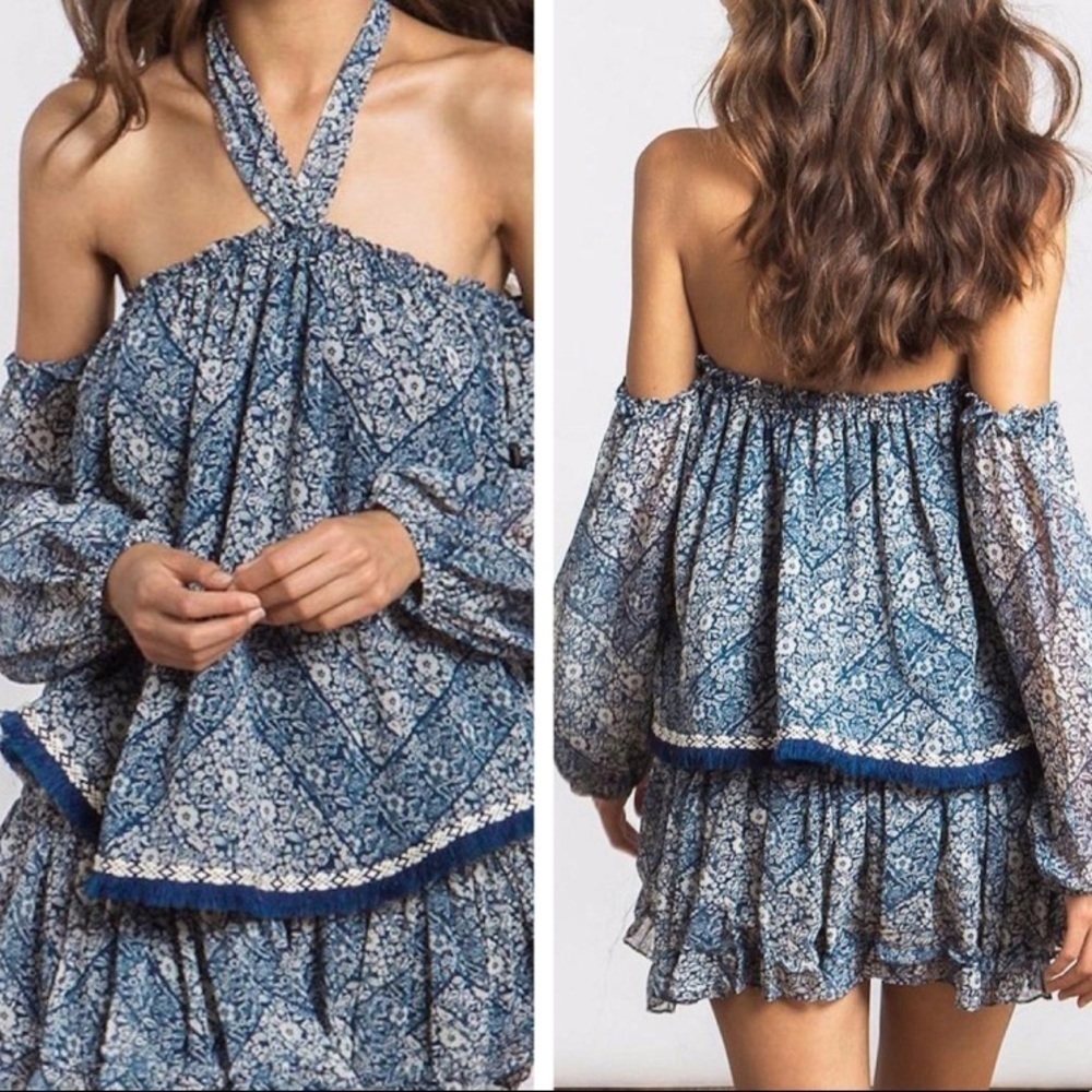 Misa | Off Shoulder Blue Floral Blouse XS